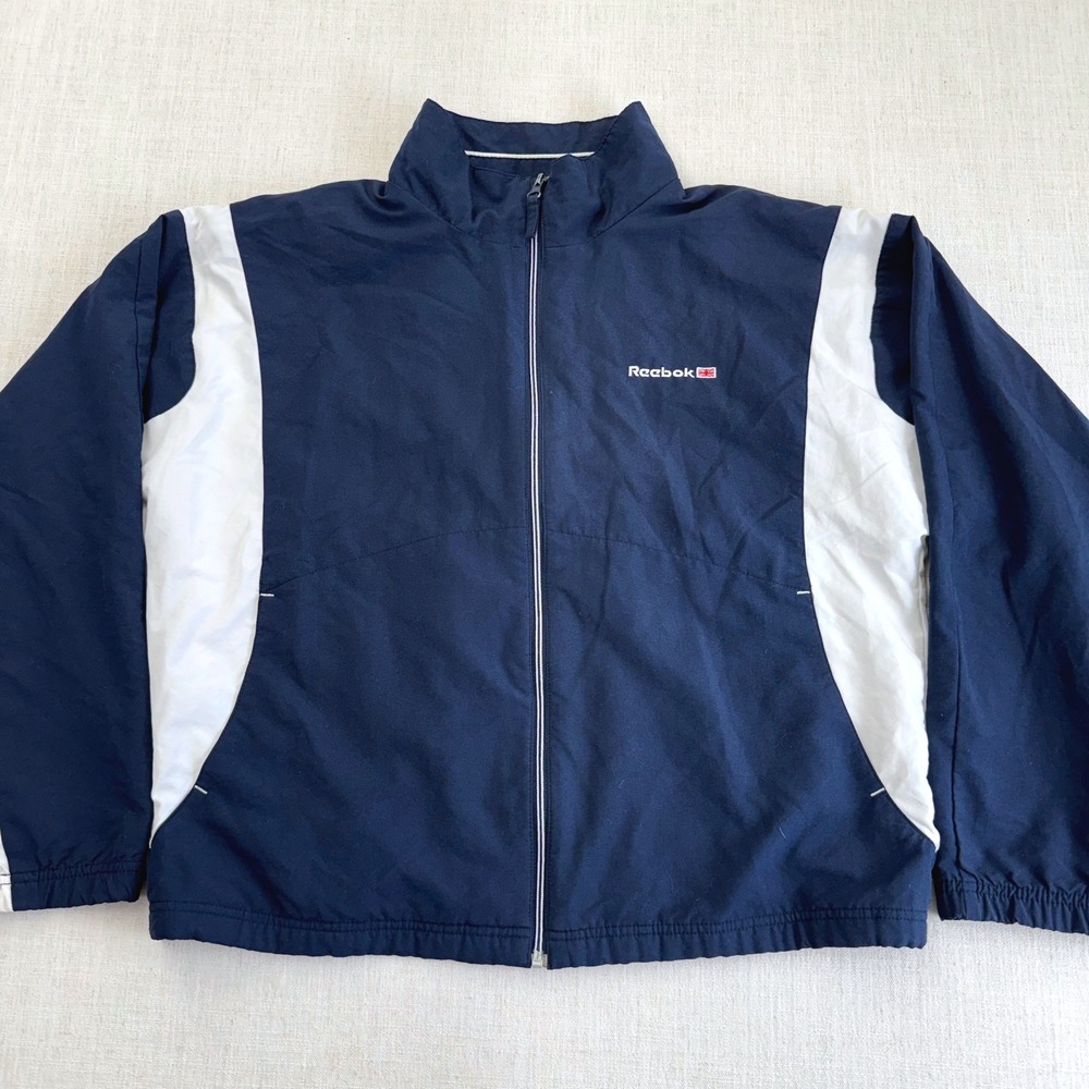 Vintage Reebok Classic Track Jacket Navy Blue White Windbreaker Mens Large